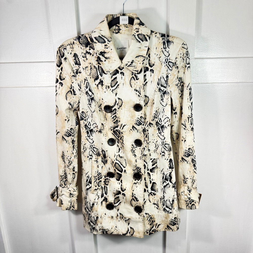 BEBE Tan Ivory Black SNAKESKIN PYTHON DOUBLE-BREASTED FAB Y2K FITTED TRENCH COAT